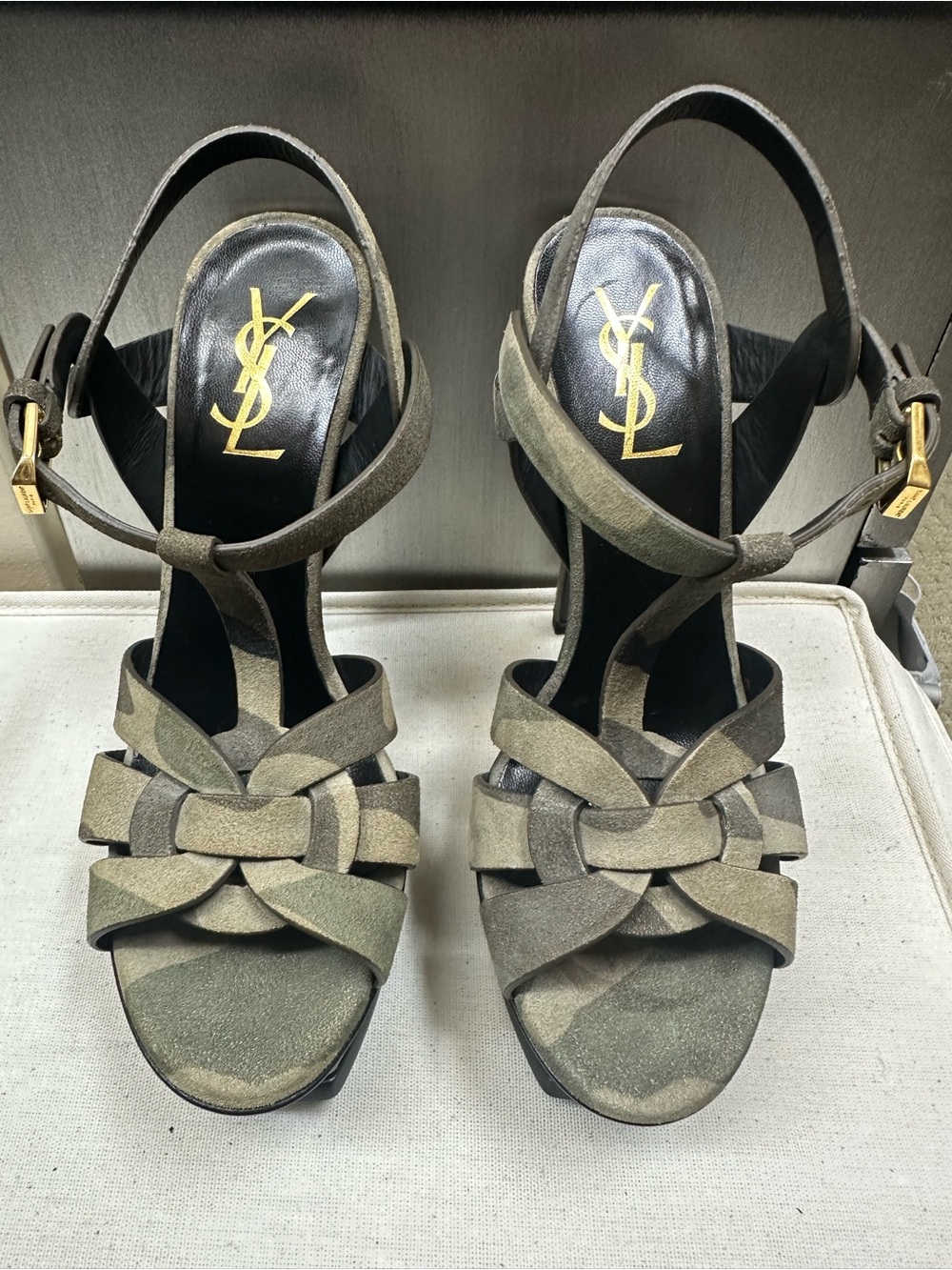 Saint Laurent Olive Suede Braided High-Heel Sandals
